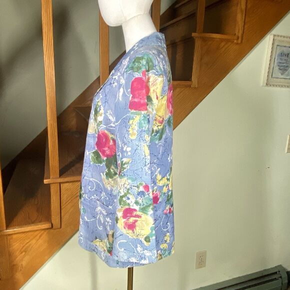 90s Y2K Danielle B Blue Woman 10 Floral Blazer Rayon Flax Cottagecore Career Art - Picture 4 of 10